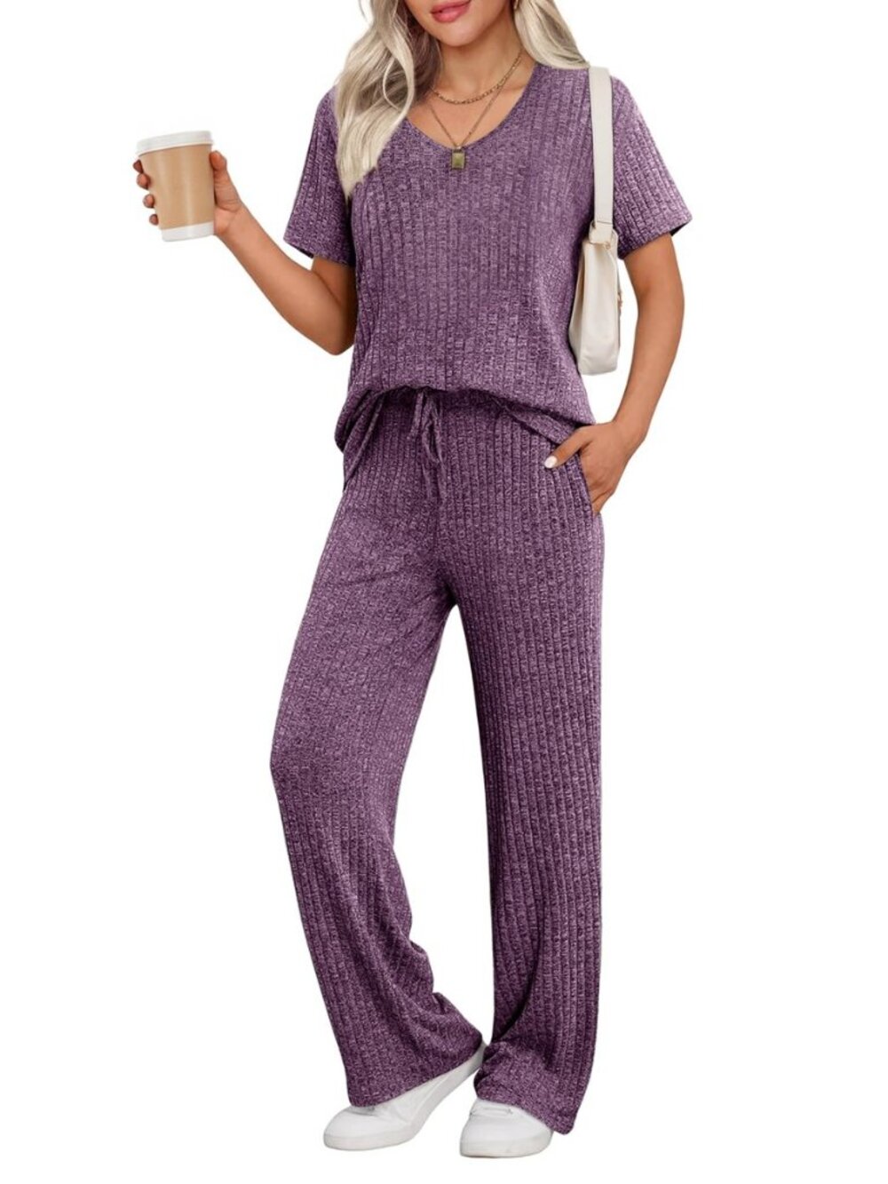 Womens Ribbed Knit Lounge Set Short Sleeve Top and Long Pants Sleepwear Pajama